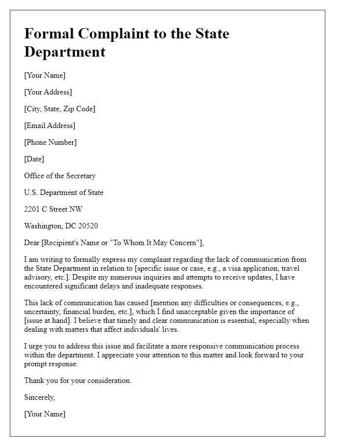 Letter template of formal complaint to the state department about lack of communication.