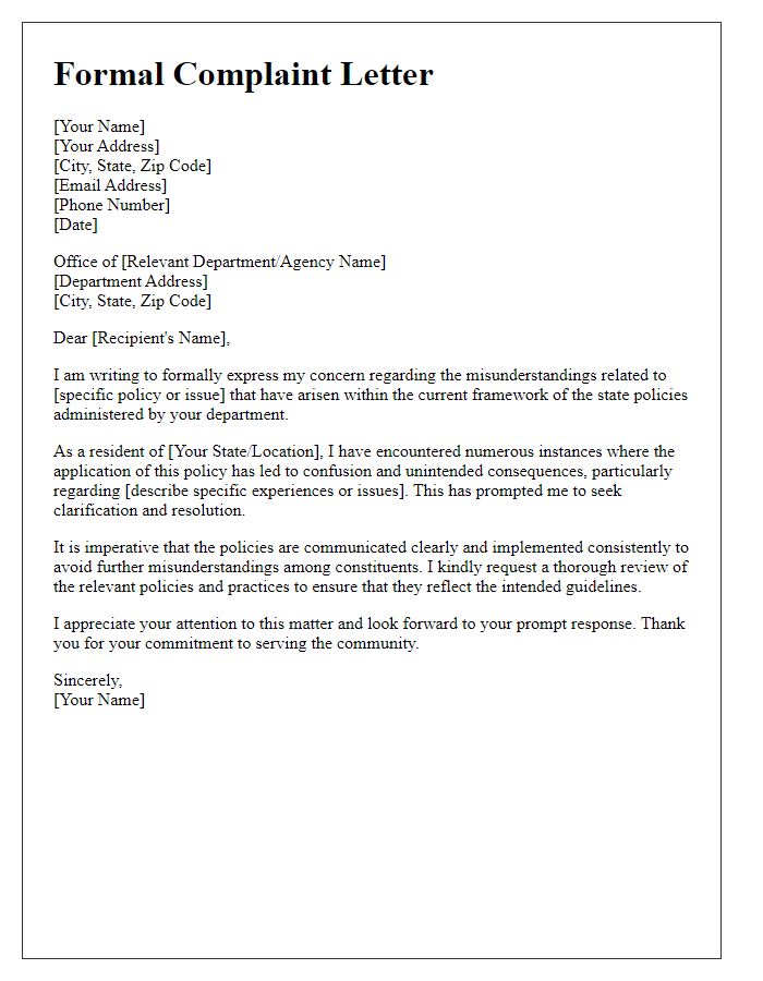 Letter template of formal complaint to the state department about policy misunderstandings.