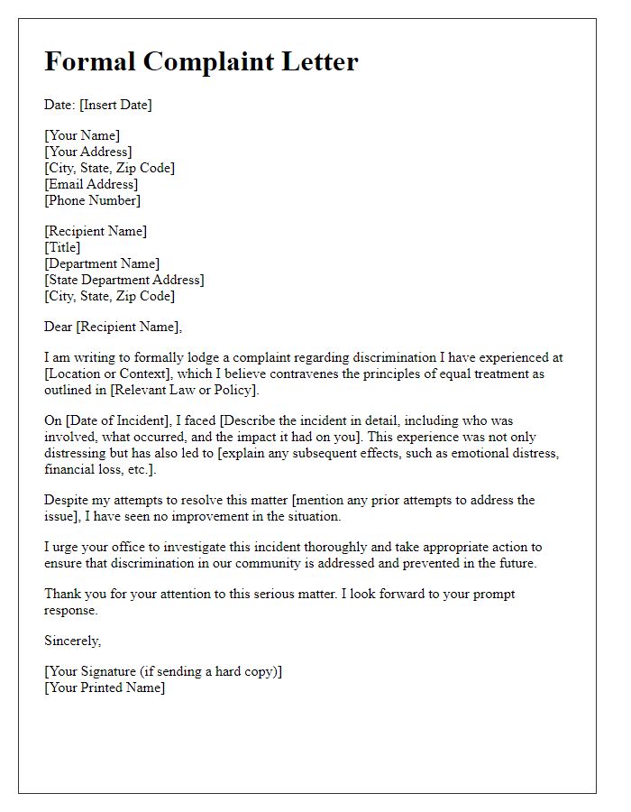 Letter template of formal complaint to the state department for discrimination issues.