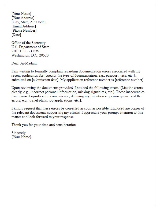 Letter template of formal complaint to the state department regarding documentation errors.