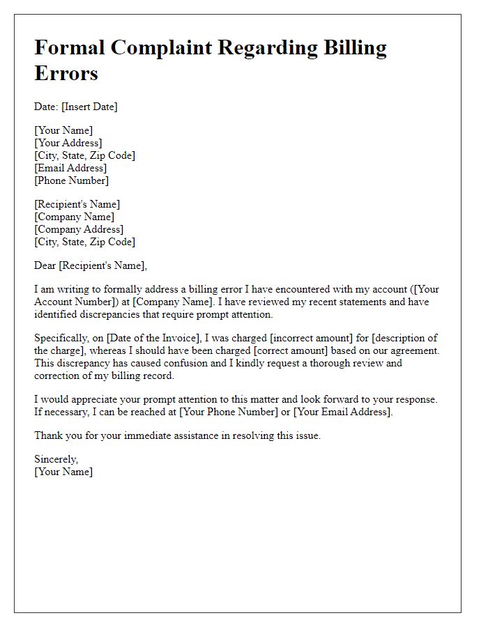 Letter template of formal complaint about billing errors and request for correction.