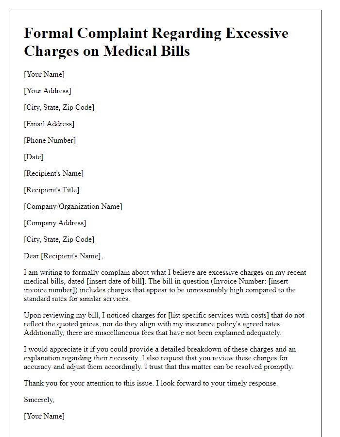 Letter template of formal complaint about excessive charges on medical bills.