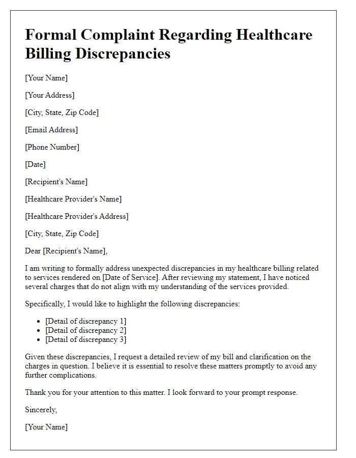 Letter template of formal complaint regarding unexpected healthcare billing discrepancies.