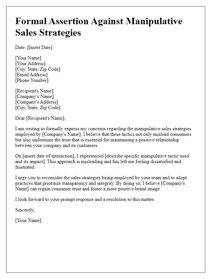 Letter template of formal assertion against manipulative sales strategies