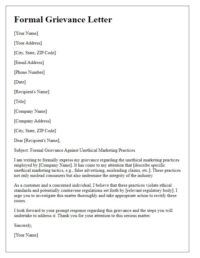 Letter template of formal grievance against unethical marketing practices