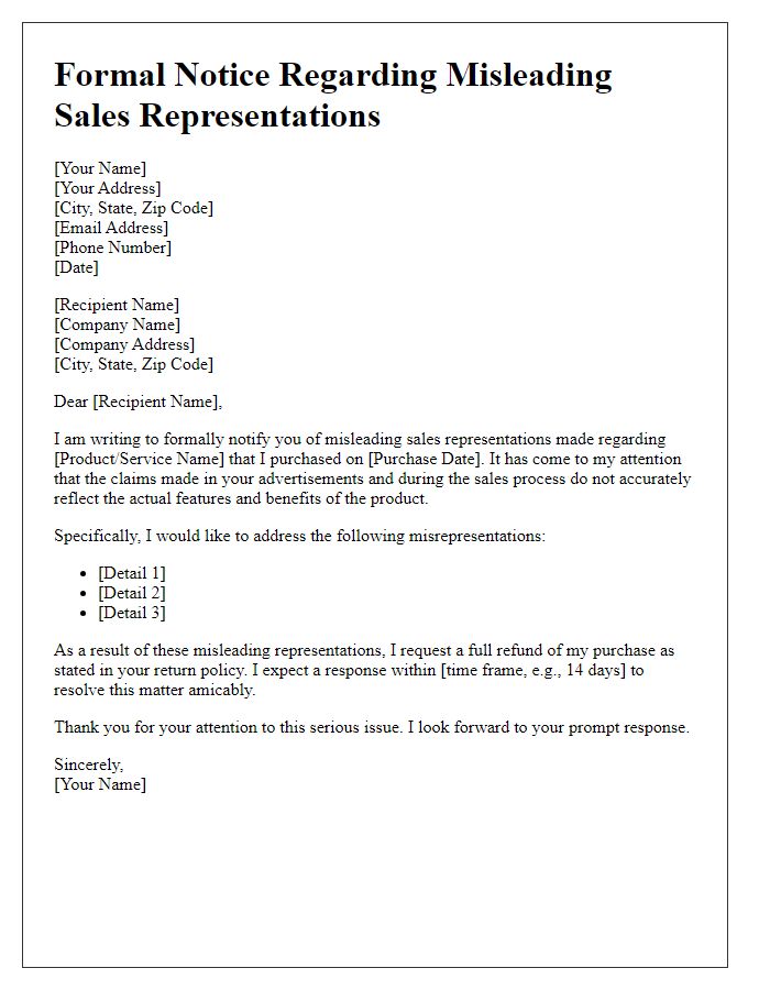 Letter template of formal notice about misleading sales representations