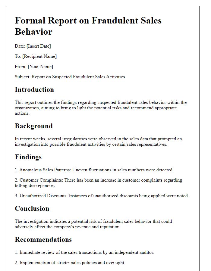 Letter template of formal report about fraudulent sales behavior