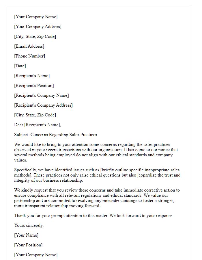 Letter template of official communication on inappropriate sales methods