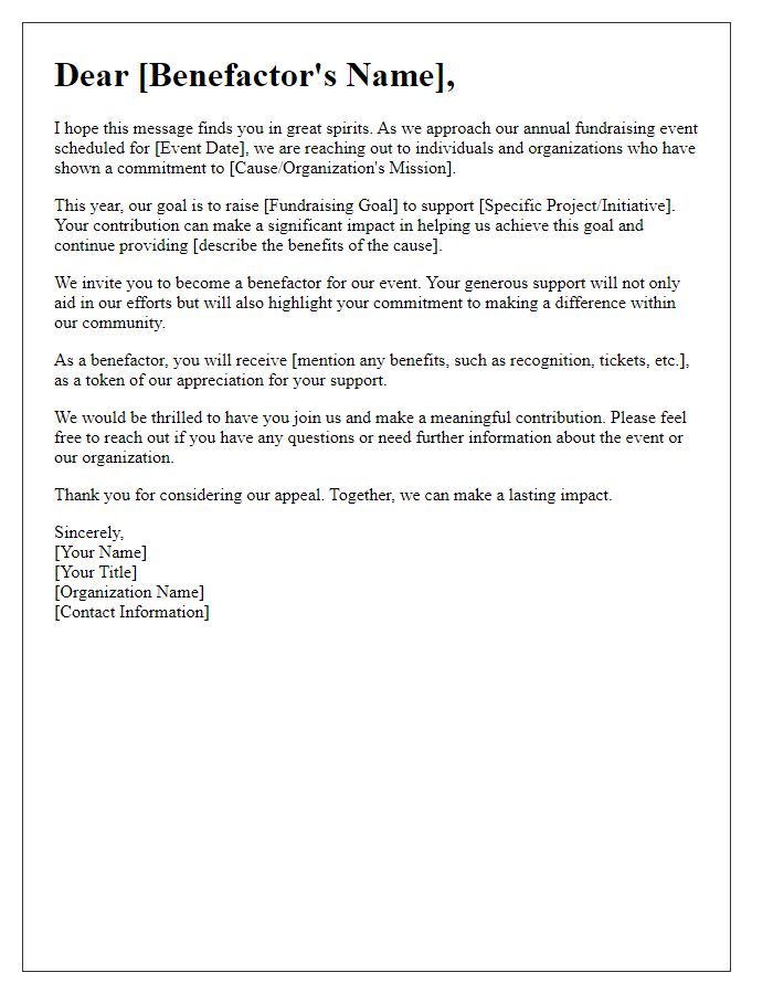 Letter template of fundraising event benefactor appeal