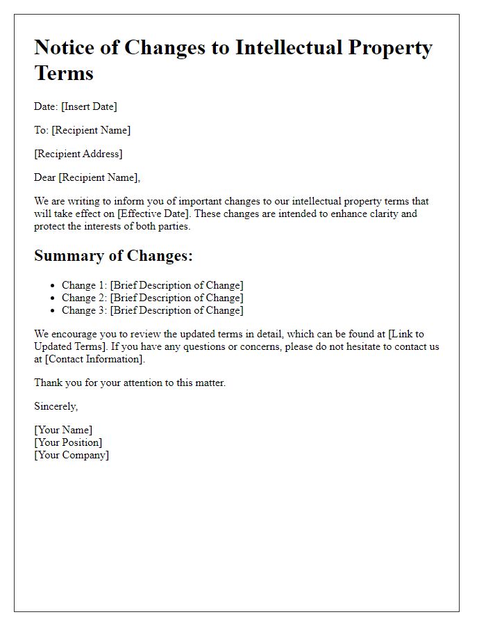 Letter template of changes to intellectual property terms.