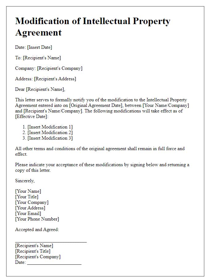 Letter template of intellectual property agreement modification.