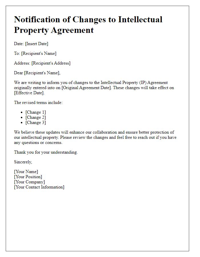 Letter template of notification for IP agreement changes.