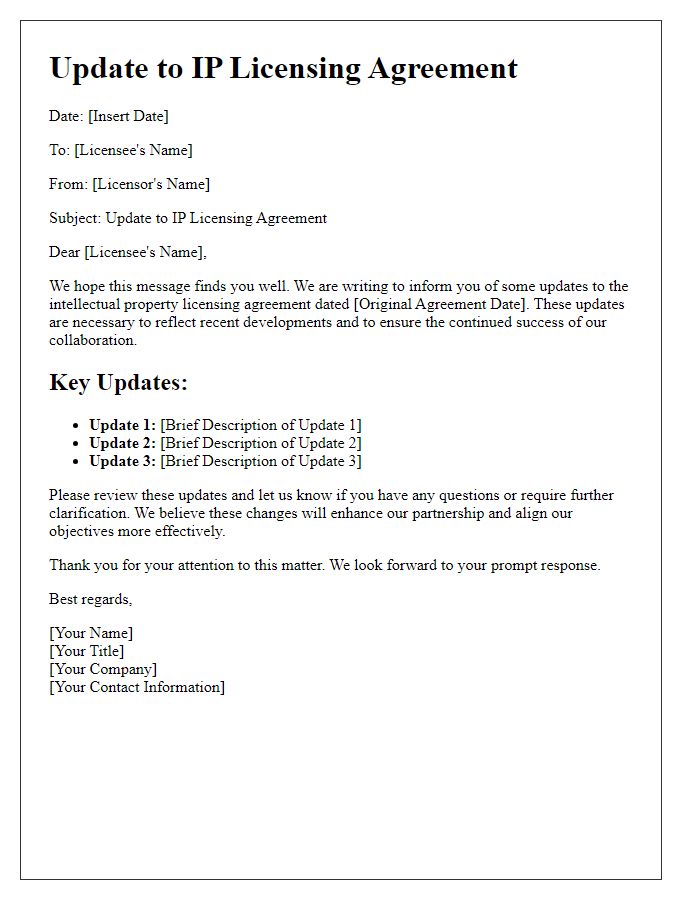 Letter template of updates to IP licensing agreement.