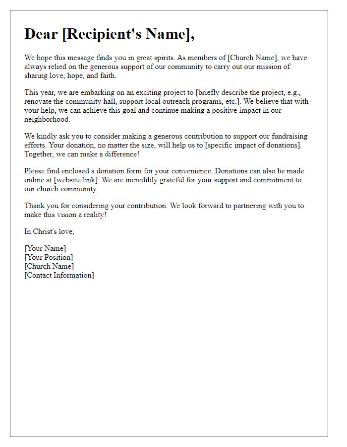 Letter template of church fundraising appeal for generous contributions.