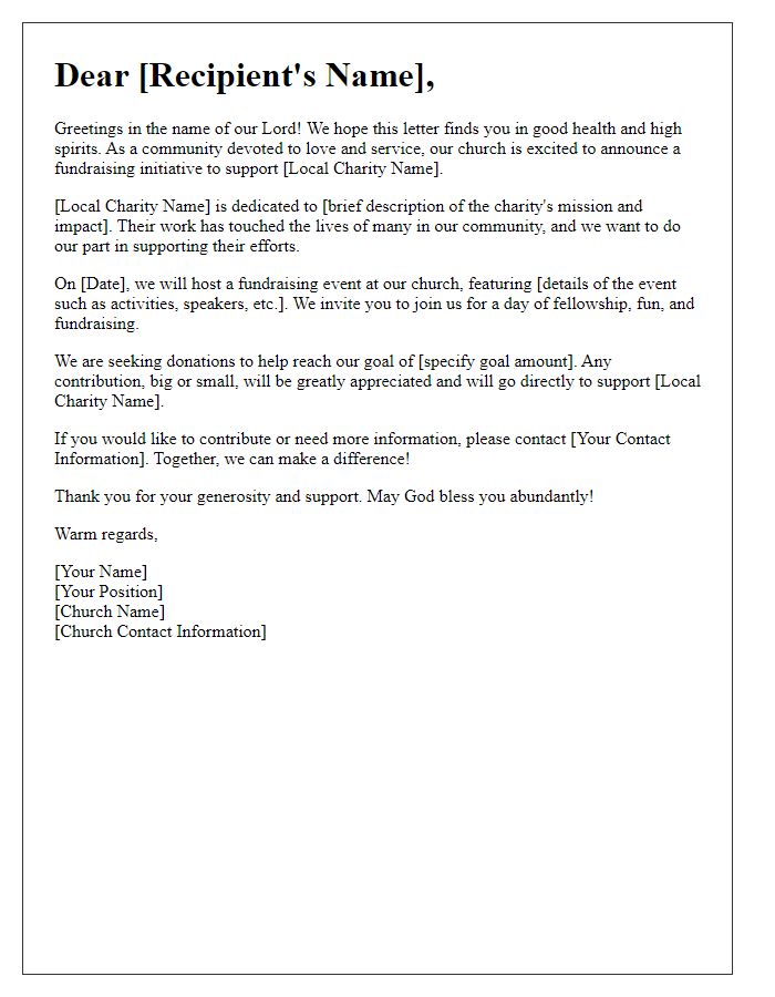 Letter template of church fundraising initiative for local charity support.