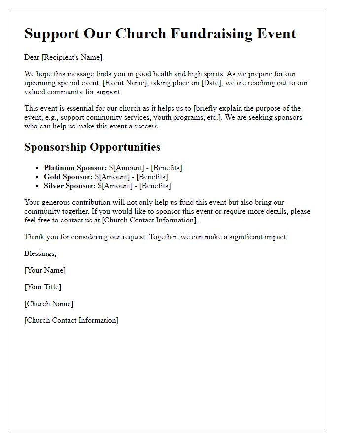 Letter template of church fundraising message for special events sponsorship.