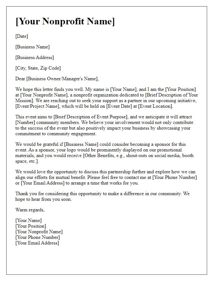 Letter template of nonprofit sponsorship inquiry for local businesses