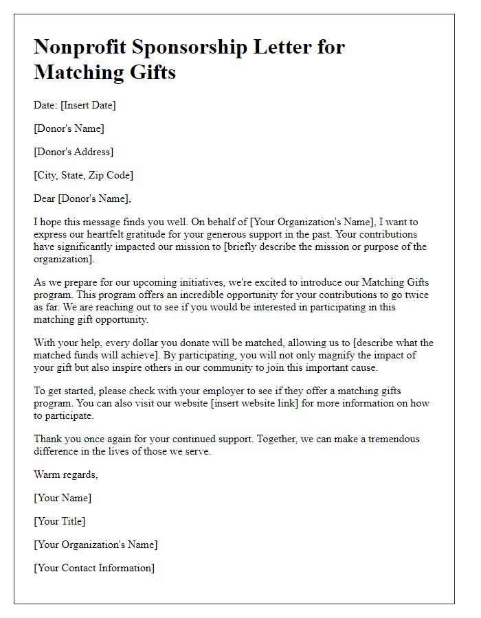 Letter template of nonprofit sponsorship letter for matching gifts