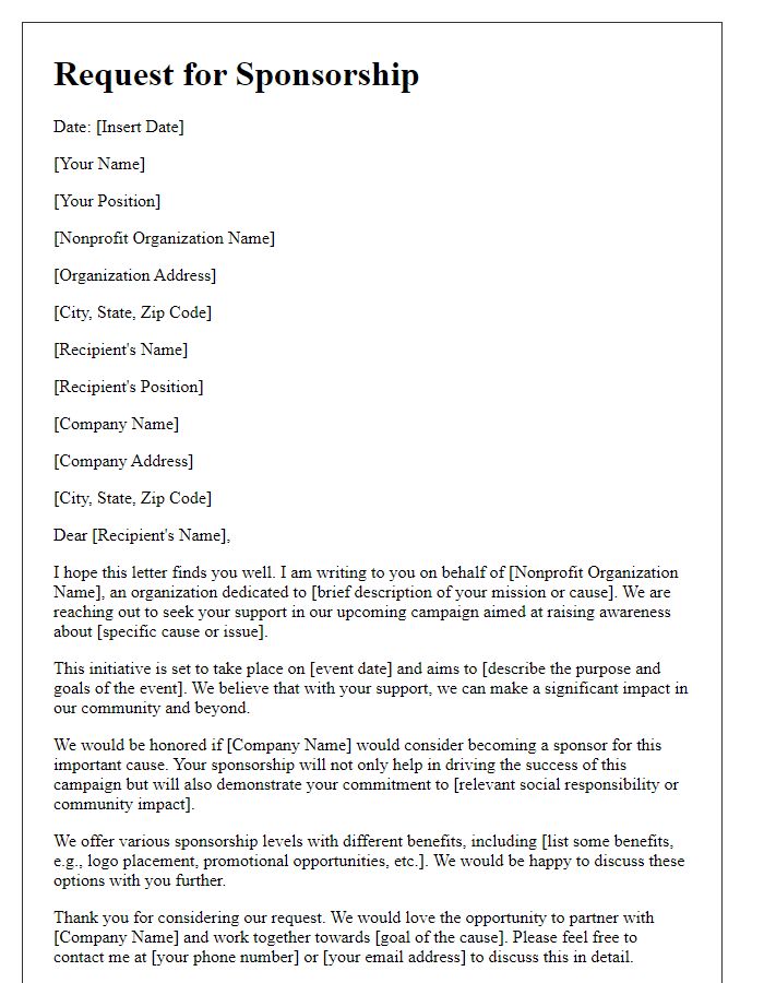 Letter template of nonprofit sponsorship request for cause awareness