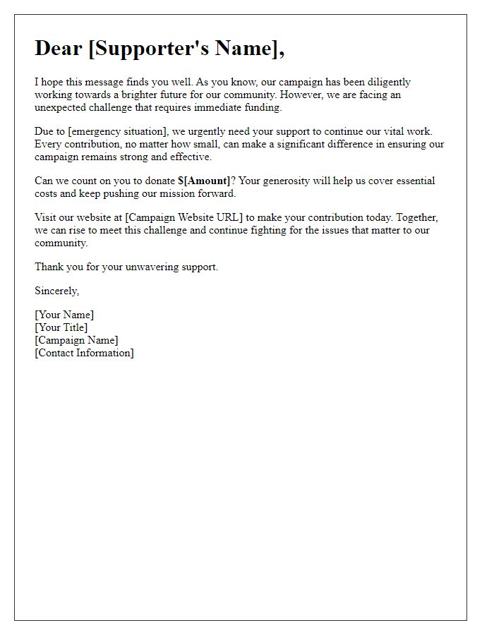 Letter template of political campaign fundraising for emergency funding.