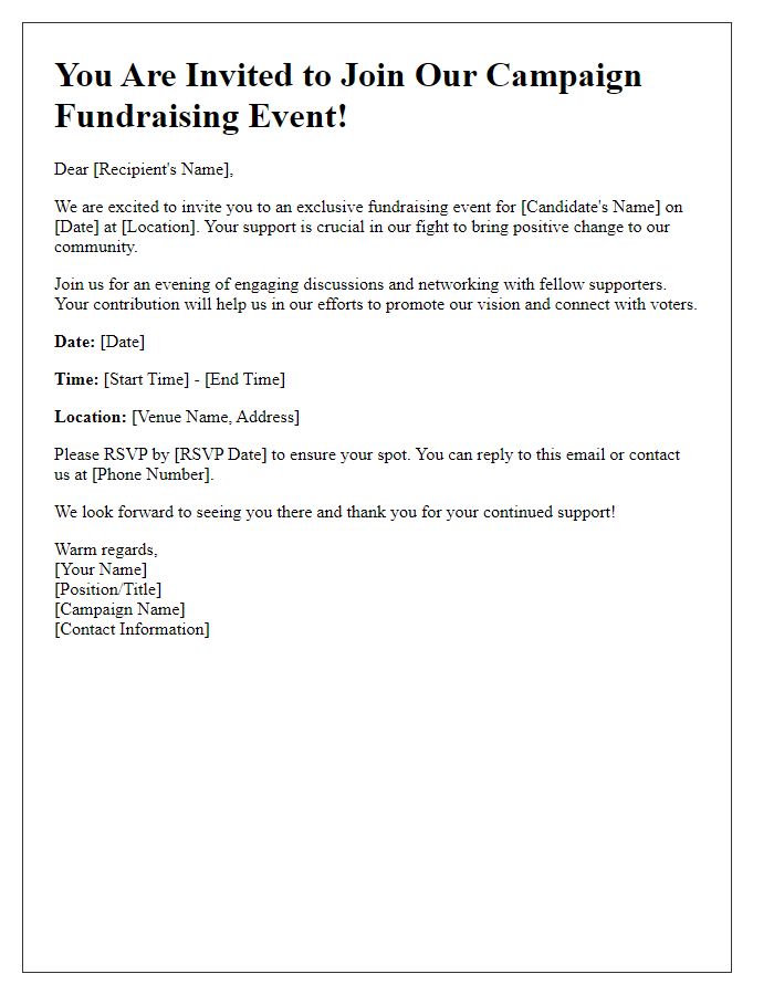 Letter template of political campaign fundraising invitation for fundraising events.