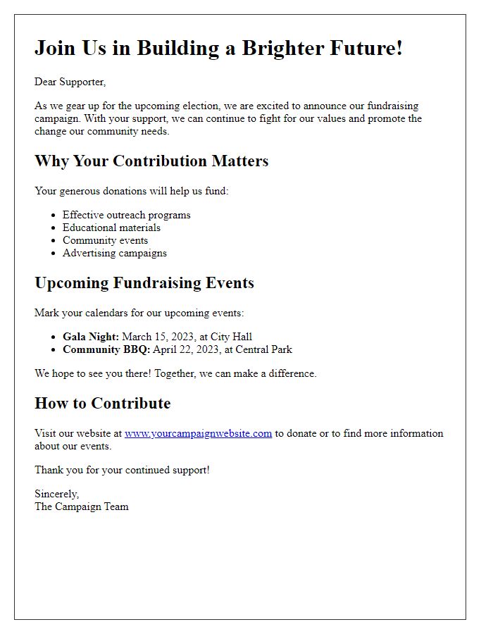 Letter template of political campaign fundraising newsletter announcement.