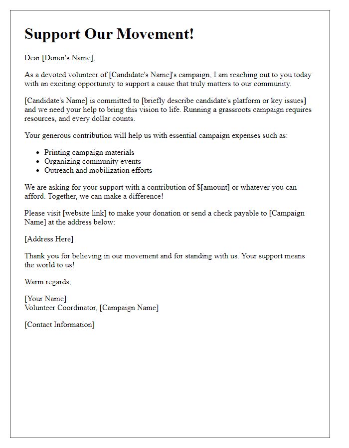 Letter template of political campaign fundraising for volunteer-led campaigns.