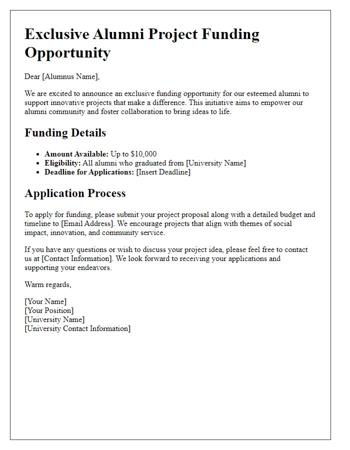 Letter template of exclusive alumni project funding opportunity