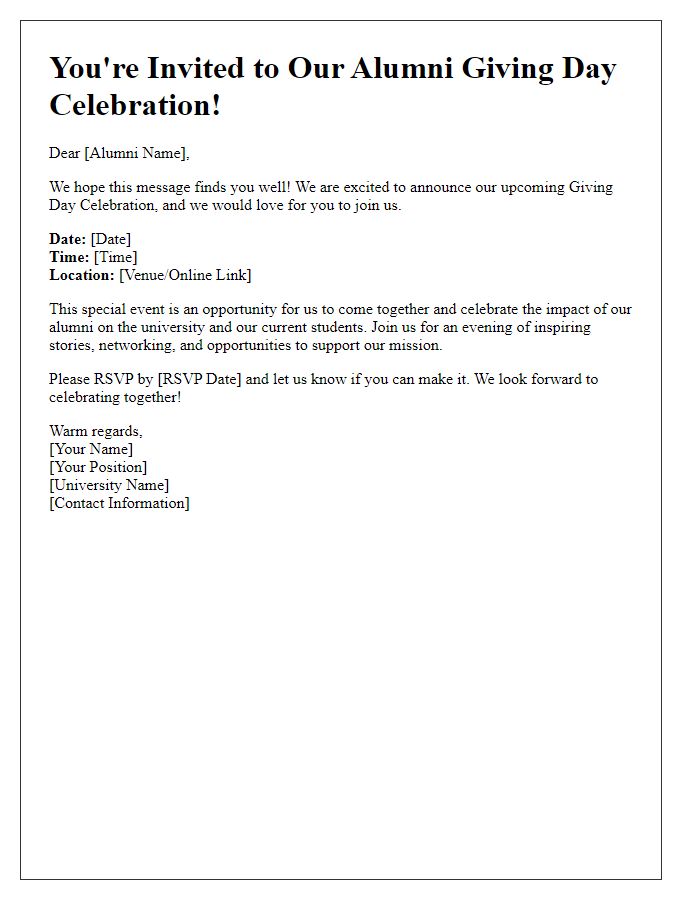 Letter template of inviting alumni to a giving day celebration