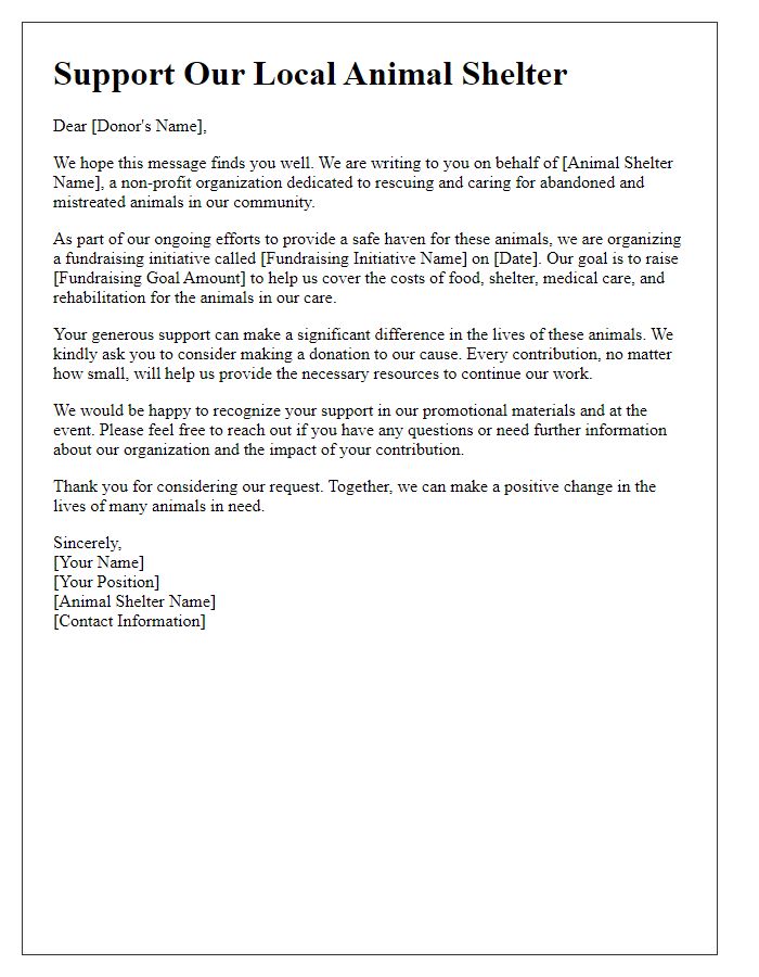 Letter template of donation request for animal shelter fundraising initiative