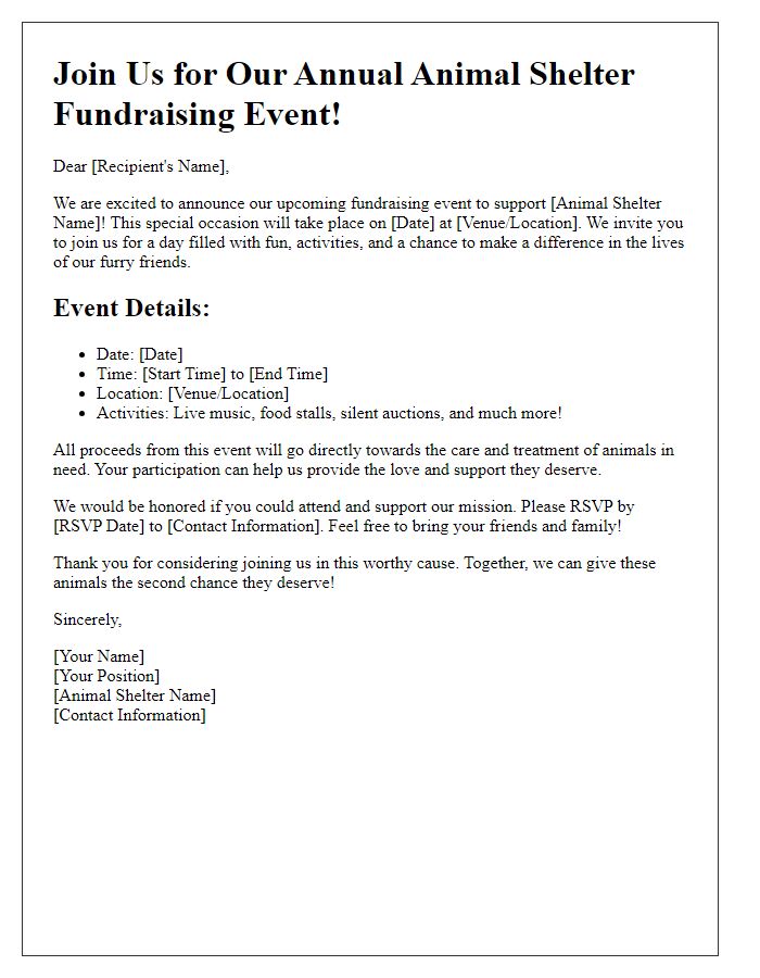 Letter template of event promotion for animal shelter fundraising activities