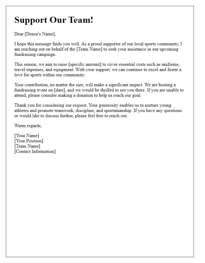 Letter template of sports team fundraising appeal for individual donors.