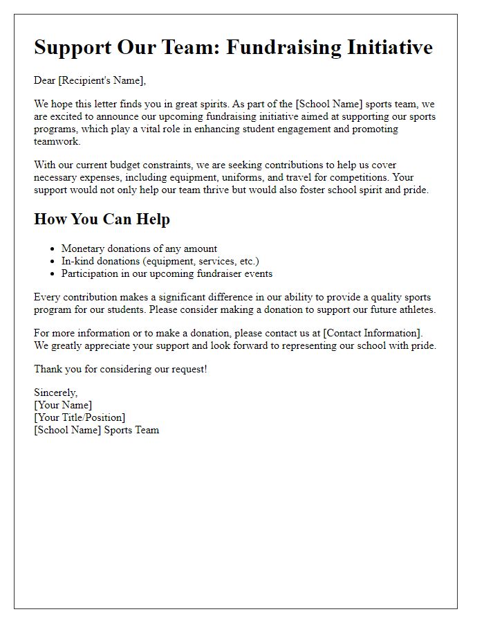 Letter template of sports team fundraising initiative for school programs.