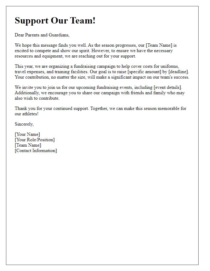 Letter template of sports team fundraising outreach for parent support.