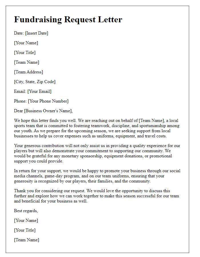 Letter template of sports team fundraising request for local businesses.