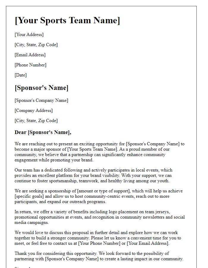 Letter template of sports team sponsorship proposal for community engagement.