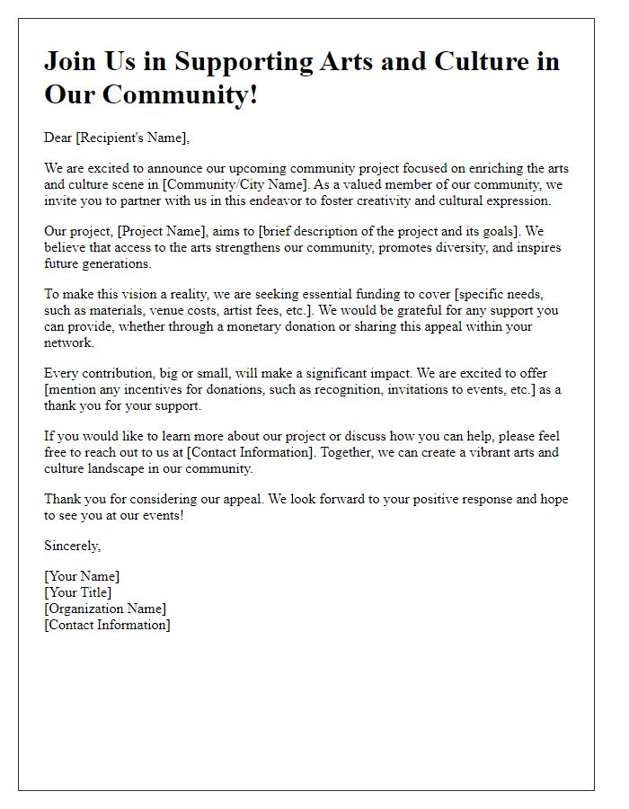 Letter template of community project fundraising appeal for arts and culture projects