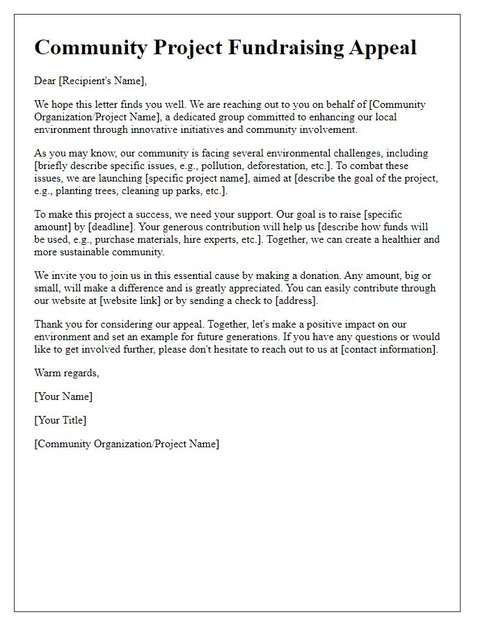 Letter template of community project fundraising appeal for environmental initiatives