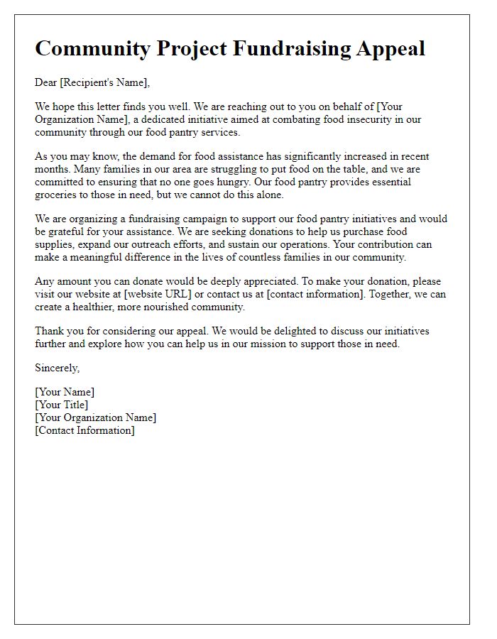 Letter template of community project fundraising appeal for food pantry initiatives