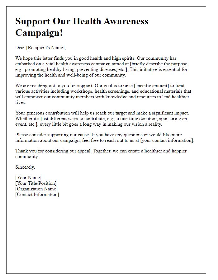 Letter template of community project fundraising appeal for health awareness campaigns