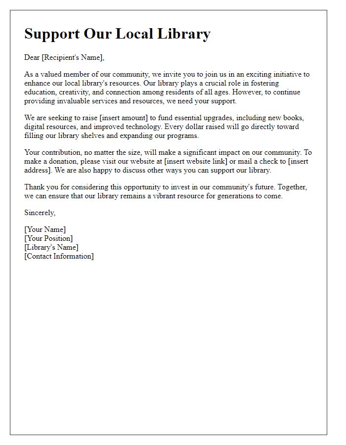 Letter template of community project fundraising appeal for public library resources