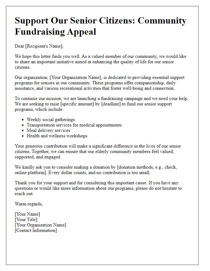 Letter template of community project fundraising appeal for senior citizen support programs