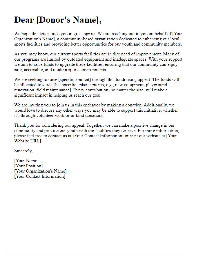 Letter template of community project fundraising appeal for sports facilities enhancement