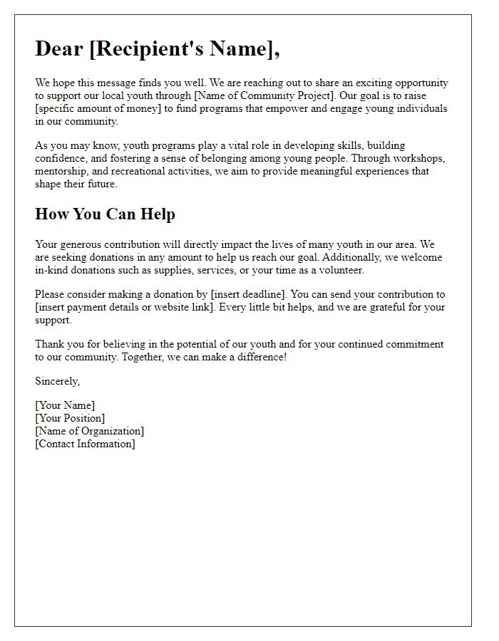 Letter template of community project fundraising appeal for youth programs