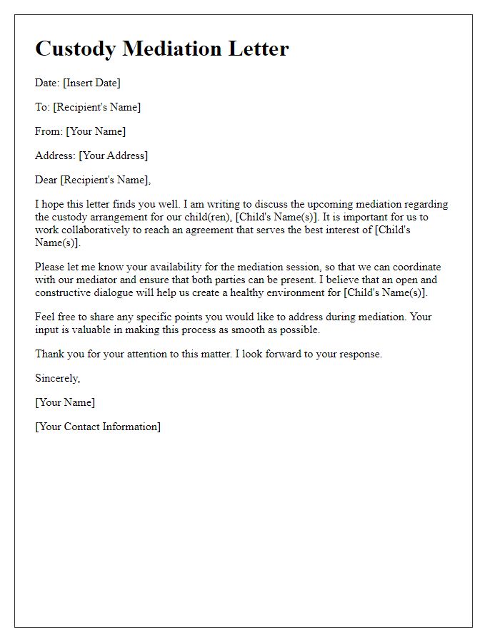 Letter template of custody mediation letter