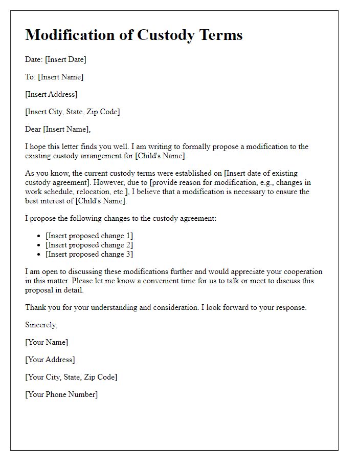 Letter template of modification to custody terms