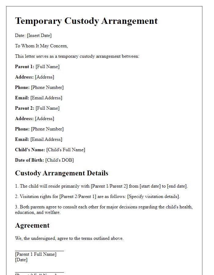 Letter template of temporary custody arrangement