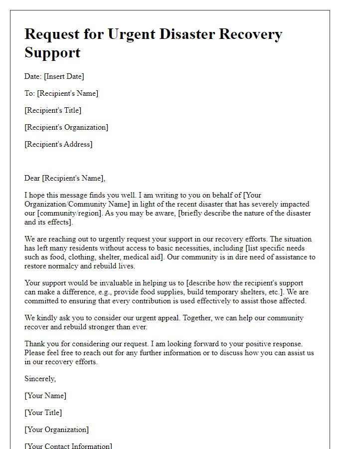 Letter template of appeal for urgent disaster recovery support