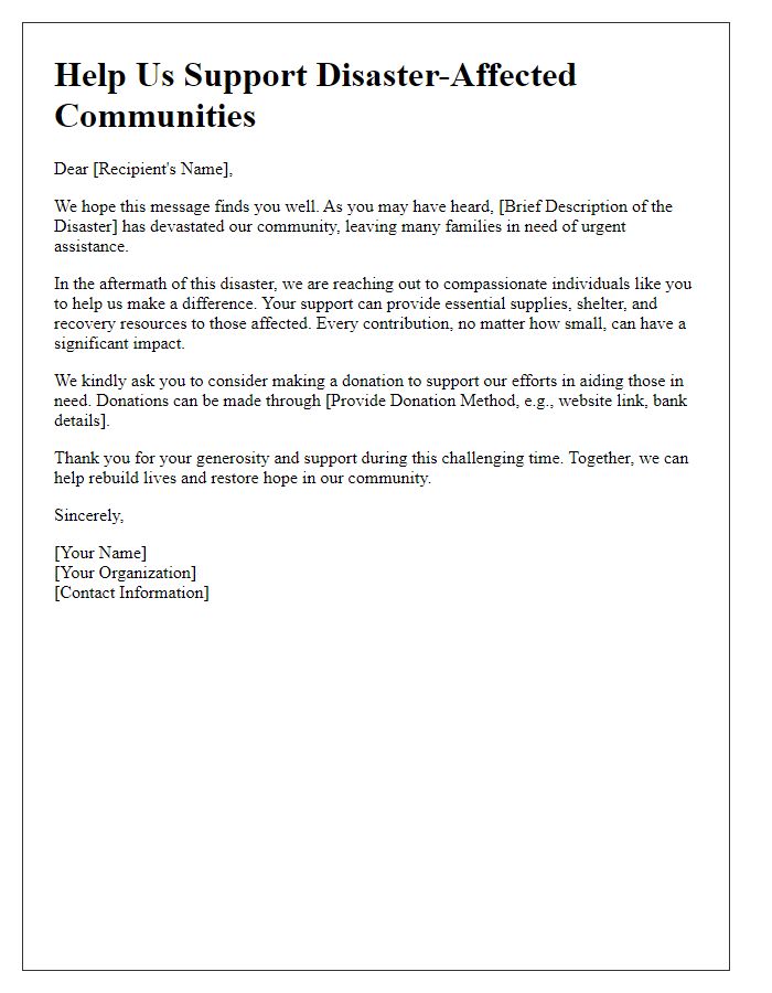 Letter template of call for donations for disaster-affected communities