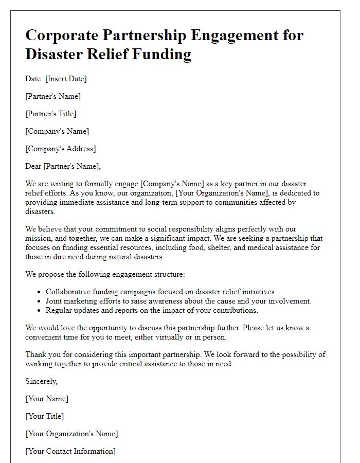 Letter template of engagement for corporate partnerships in disaster relief funding